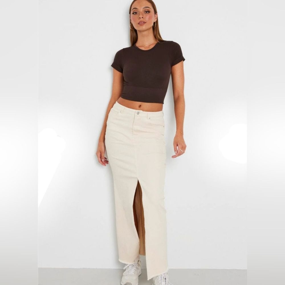 Cherry Mellow Women's Summer 100% Cotton Cream Maxi Denim Skirt Size M EUC